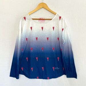 LEOMA LOVEGROVE Women's Size Large Hearts Blue/White Ombre Long Sleeve T-Shirt